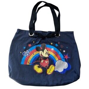 Disney Mickey Mouse Navy Canvas Tote Rainbow Sparkle Stars Butterfly Clouds